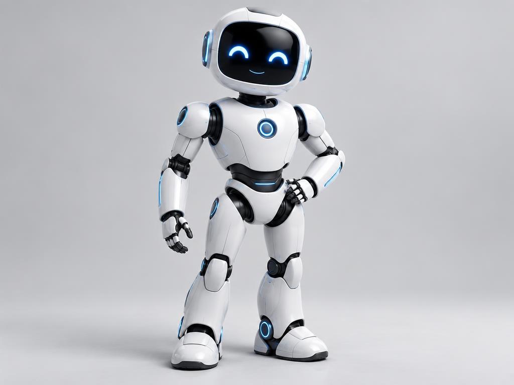 Friendly white futuristic robot with illuminated blue details