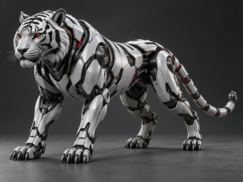 White and silver mechanical tiger with red accents